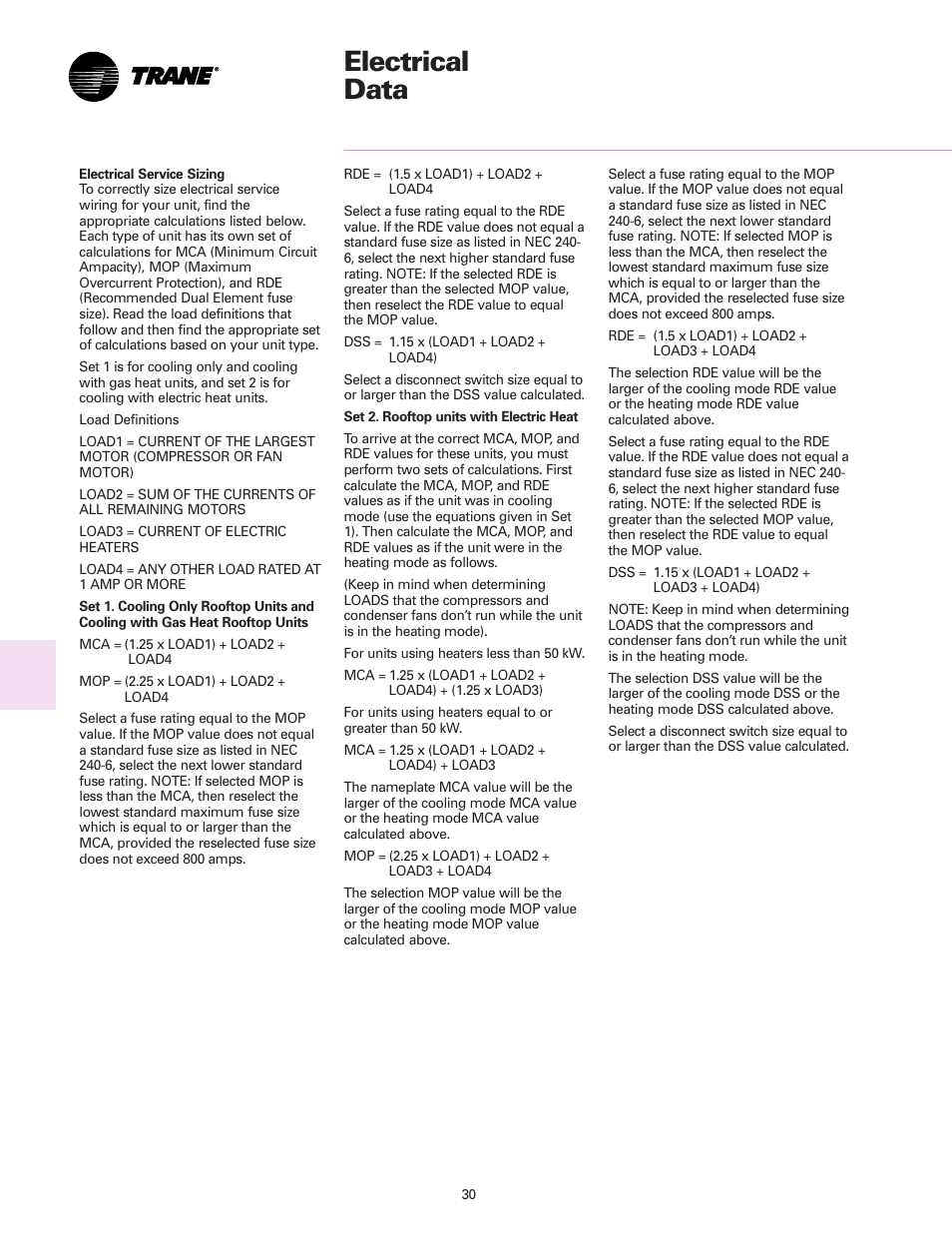 Electrical data | Trane RT-DS-10 User Manual | Page 30 / 44