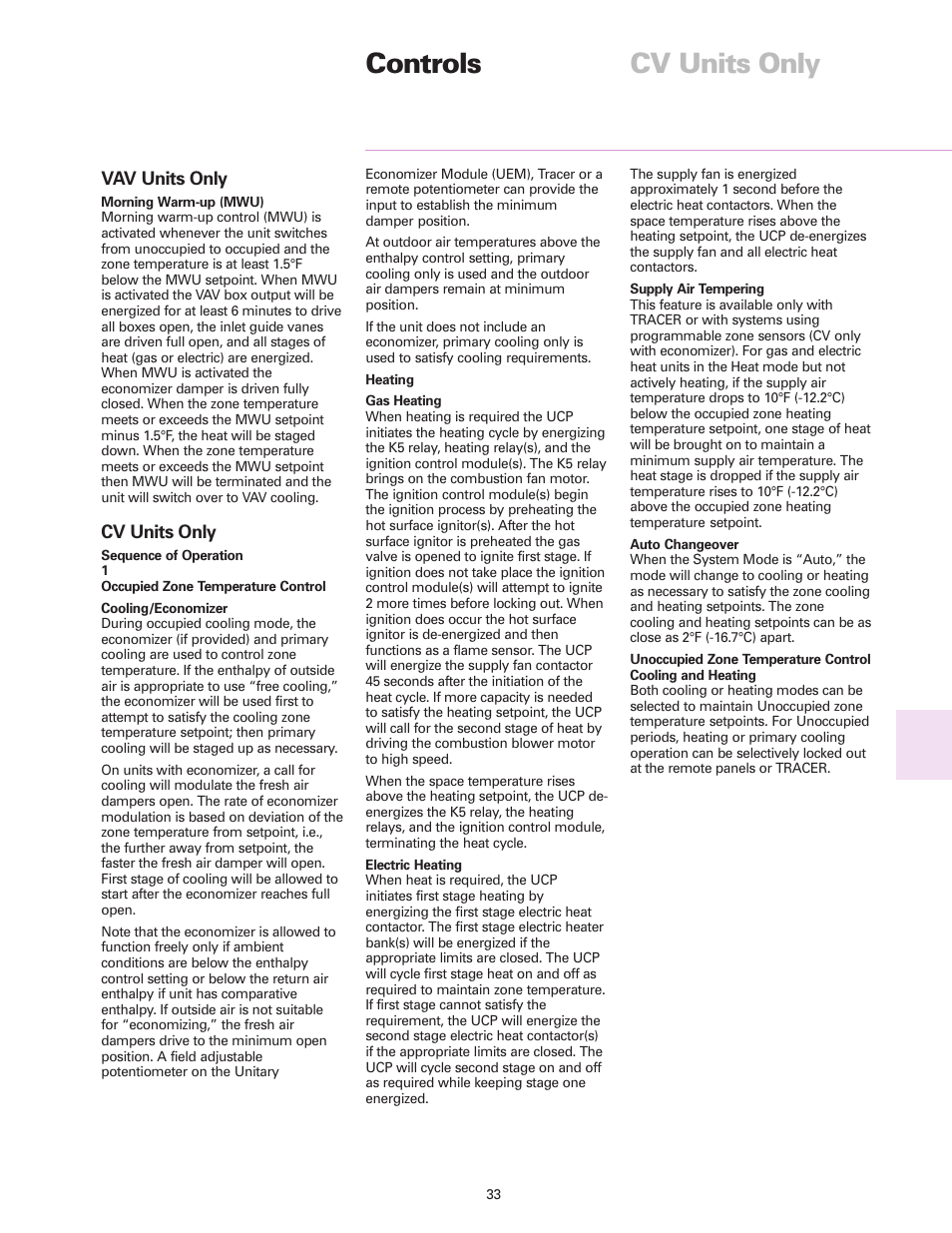 Controls cv units only, Vav units only, Cv units only | Trane RT-DS-10 User Manual | Page 33 / 44