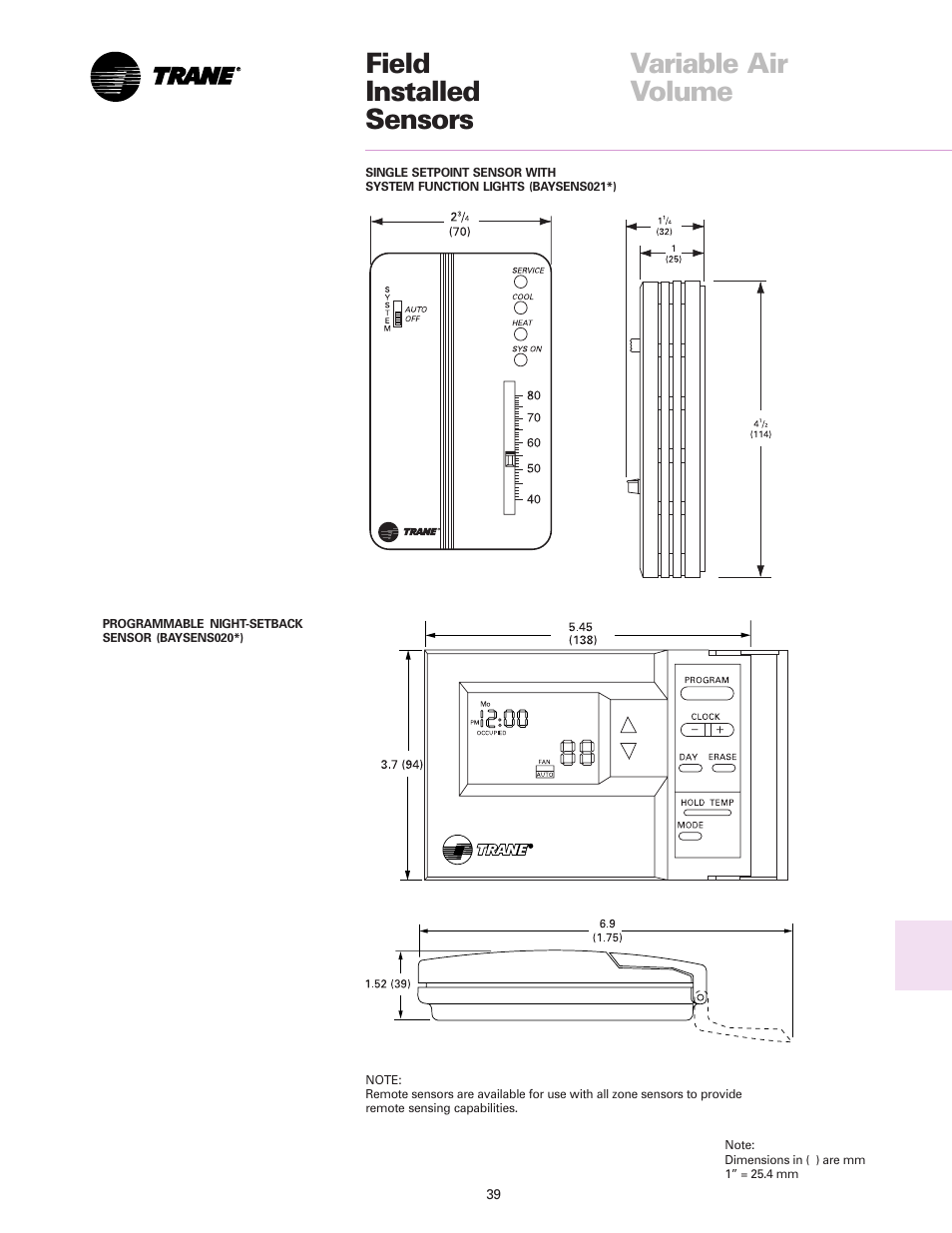 Field installed sensors, Field installed sensors variable air volume | Trane RT-DS-10 User Manual | Page 39 / 44