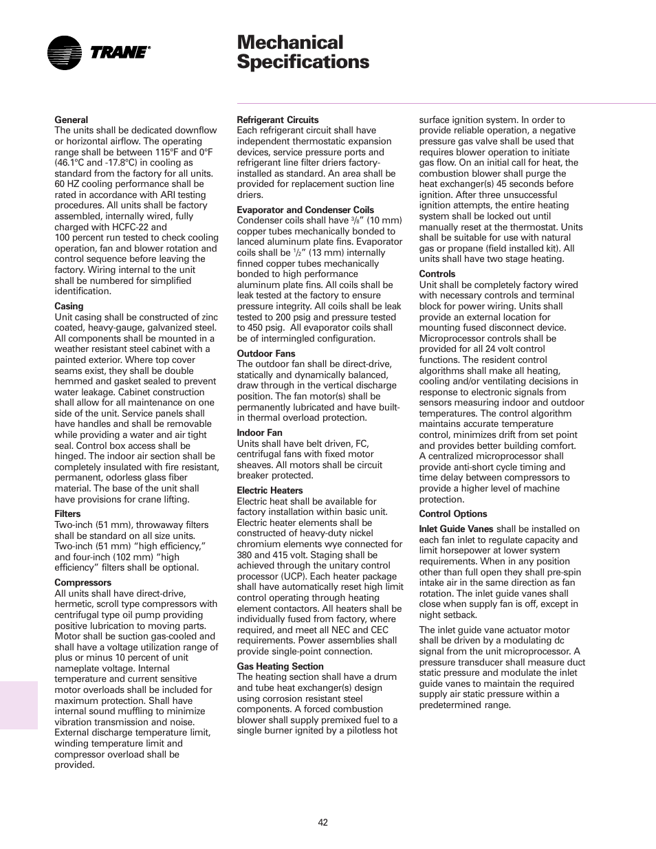 Mechanical specifications | Trane RT-DS-10 User Manual | Page 42 / 44
