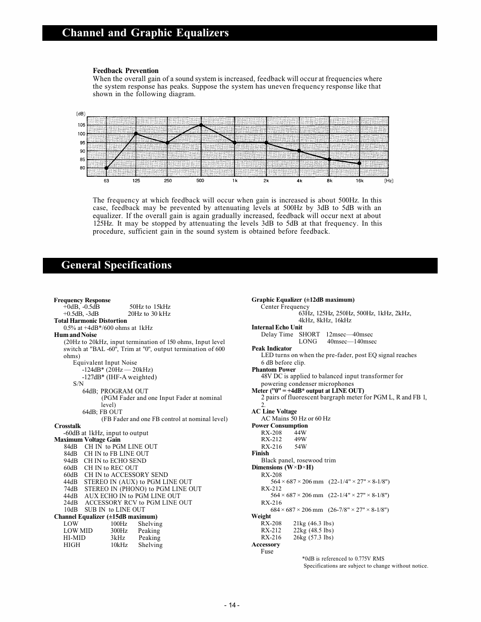 Channel and graphic equalizers, General specifications | Trane RX-212 User Manual | Page 14 / 19