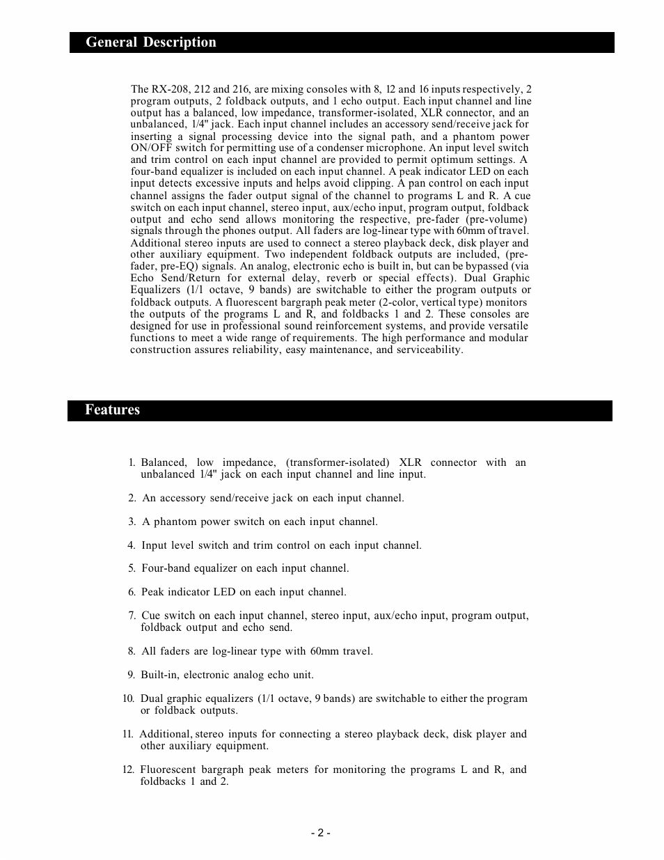 Features, General description | Trane RX-212 User Manual | Page 3 / 19