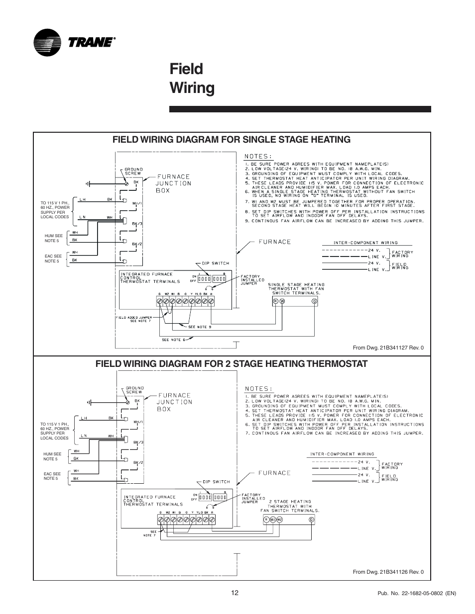Field wiring, Field wiring diagram for single stage heating | Trane XV 90 User Manual | Page 12 / 16