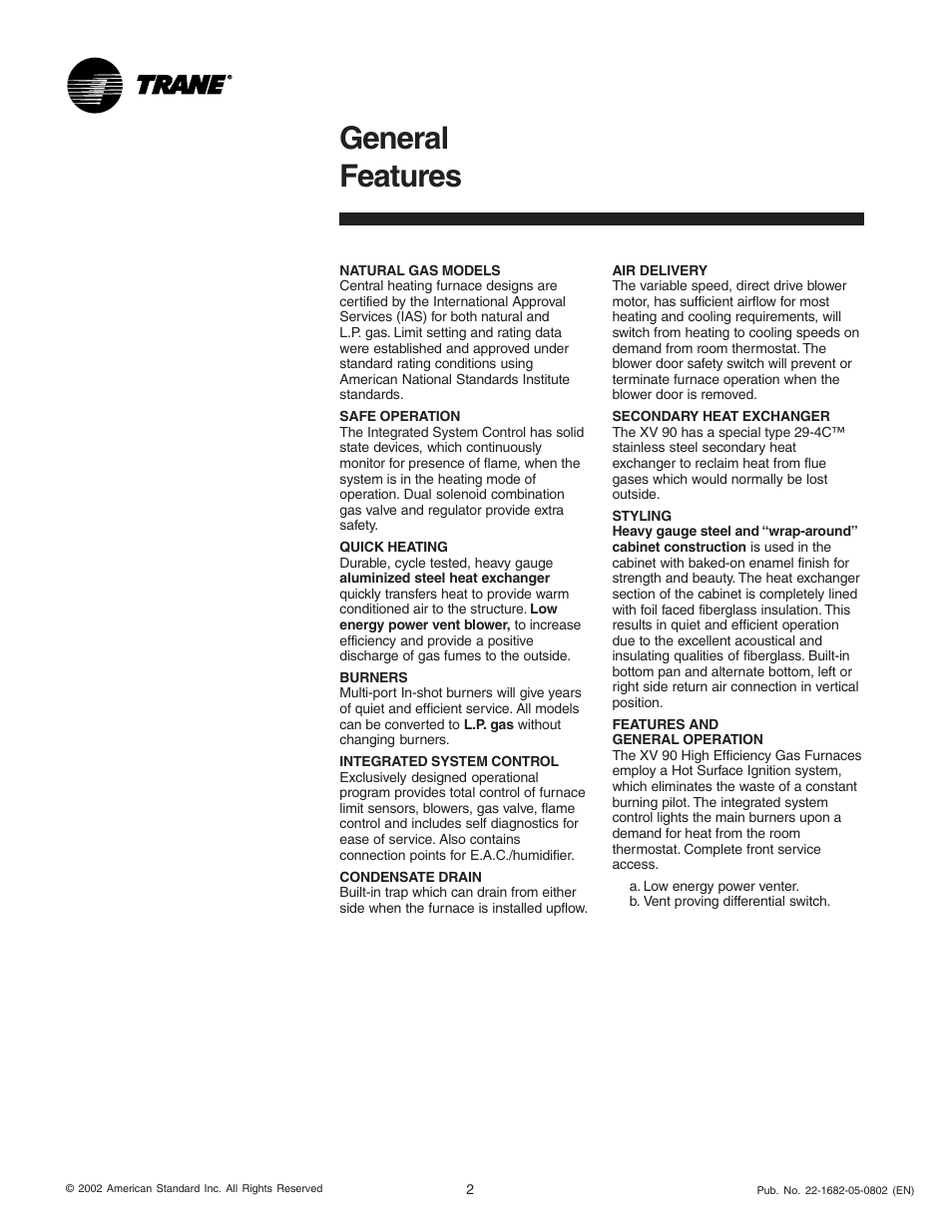 General features | Trane XV 90 User Manual | Page 2 / 16