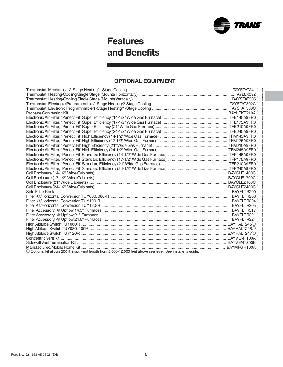 Features and benefits, Optional equipment | Trane XV 90 User Manual | Page 5 / 16