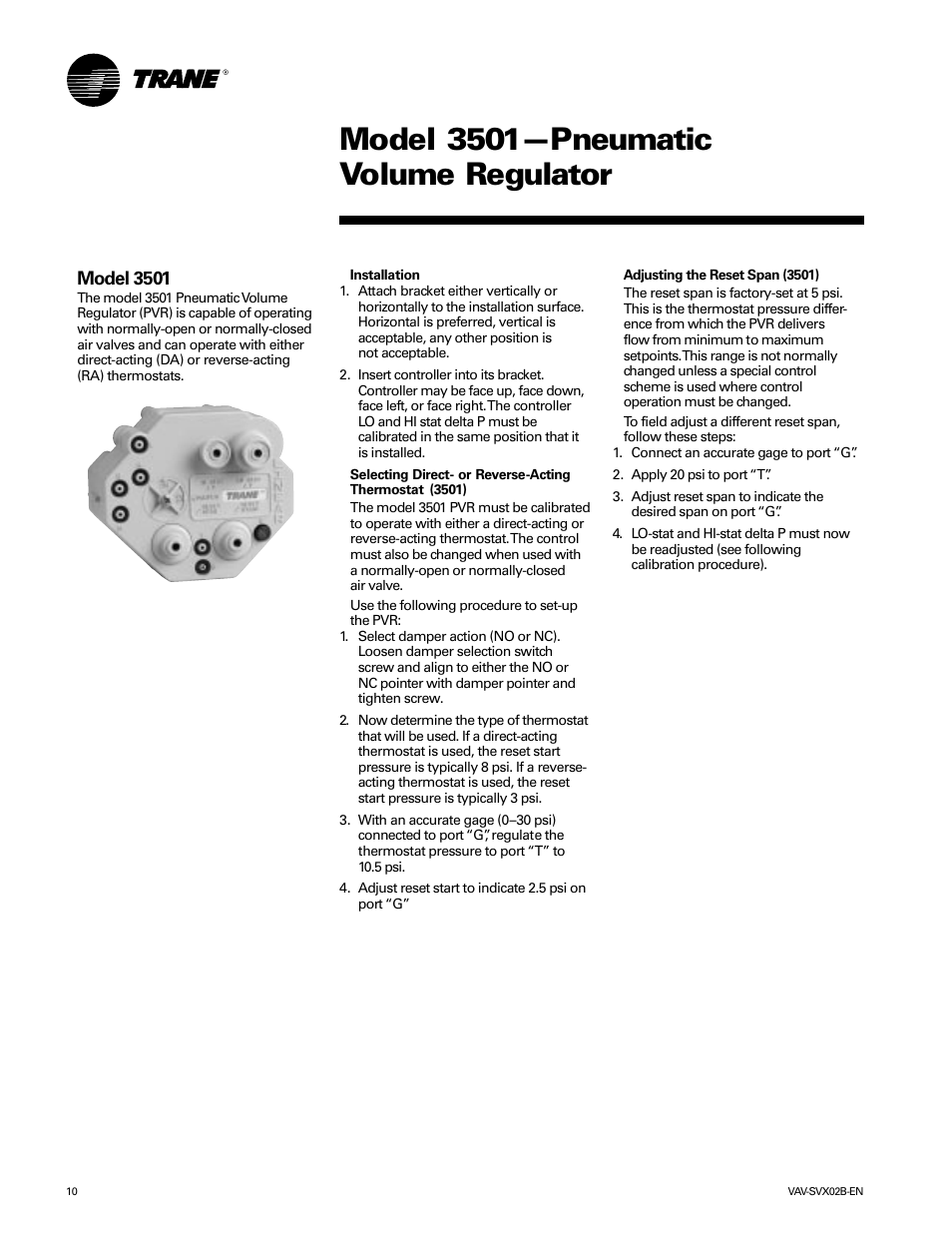Model 3501—pneumatic volume regulator, Model 3501 | Trane VAV-SVX02B-EN User Manual | Page 10 / 16
