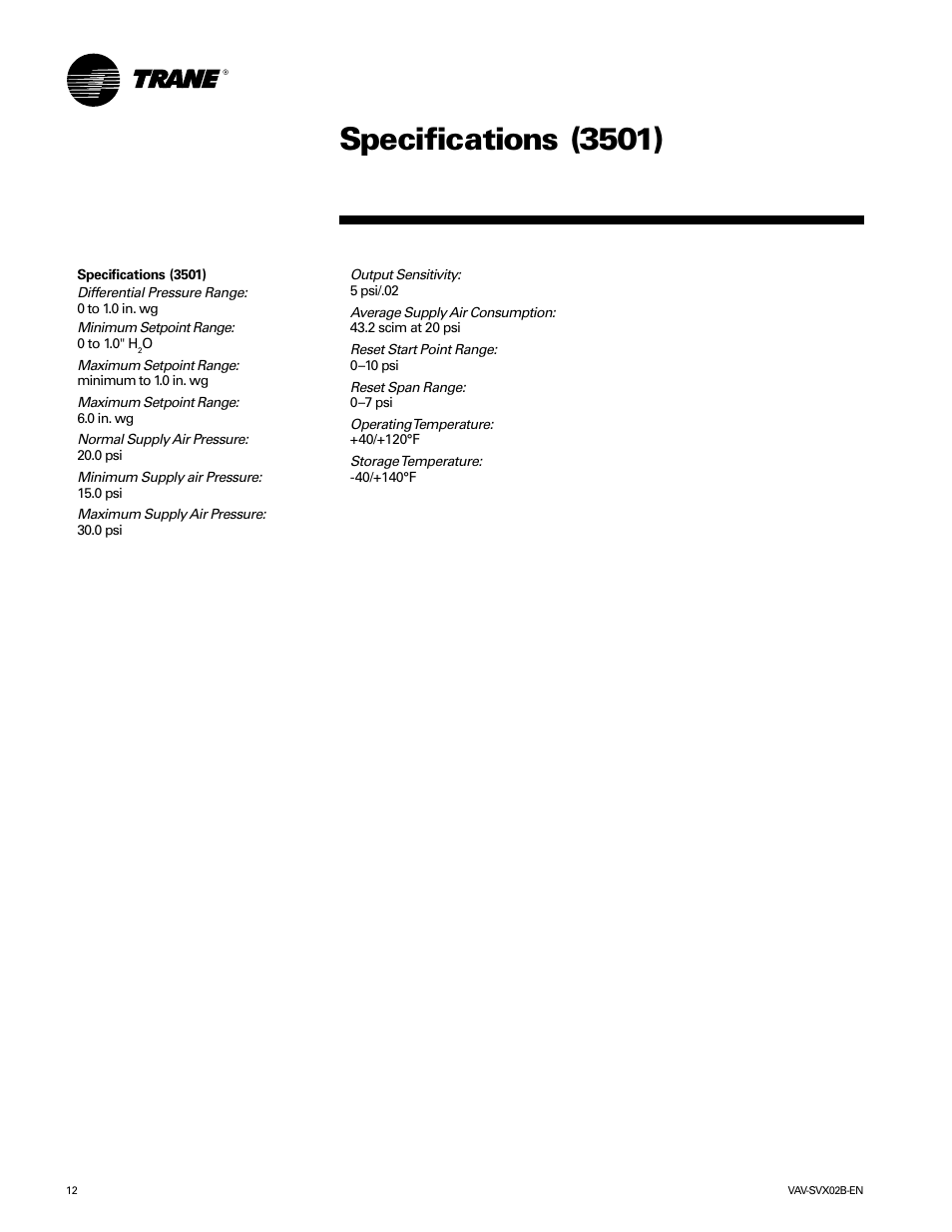 Specifications (3501) | Trane VAV-SVX02B-EN User Manual | Page 12 / 16