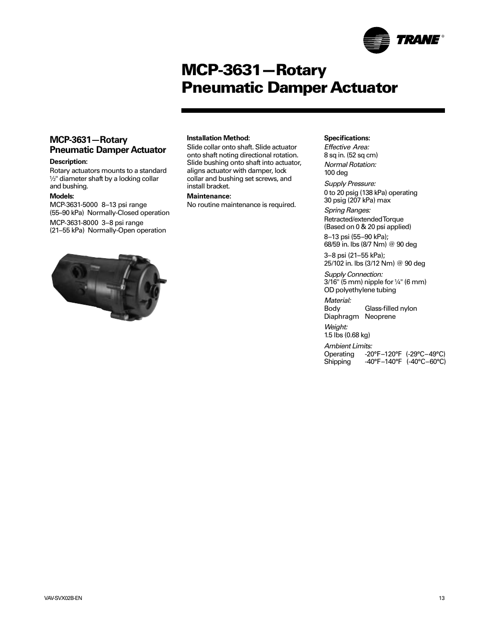 Mcp-3631—rotary pneumatic damper actuator | Trane VAV-SVX02B-EN User Manual | Page 13 / 16