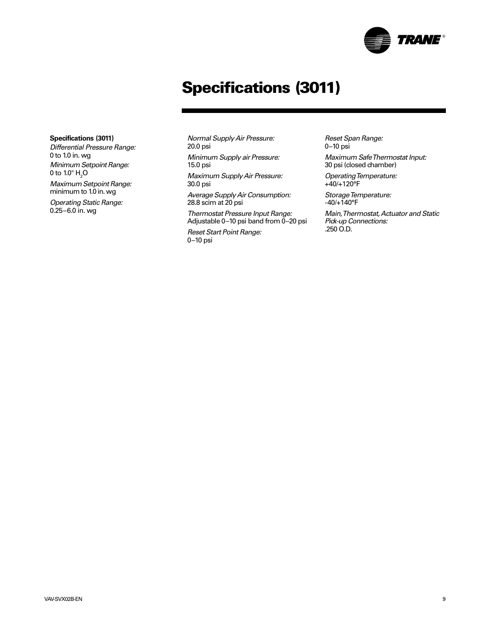 Specifications (3011) | Trane VAV-SVX02B-EN User Manual | Page 9 / 16