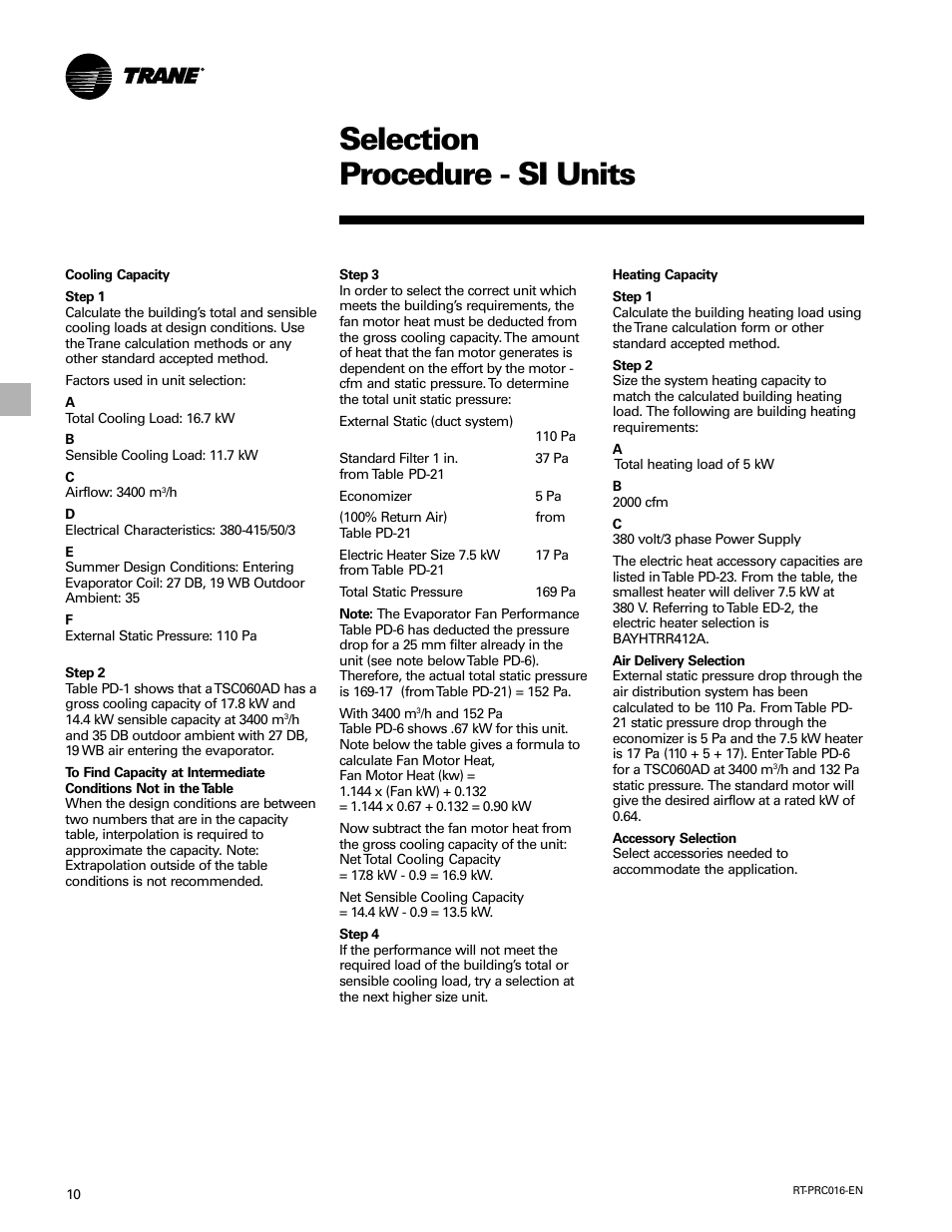 Selection procedure, Selection procedure - si units | Trane TSC060-120 User Manual | Page 10 / 48