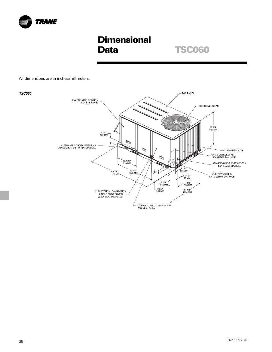 Dimensional data, Tsc060 | Trane TSC060-120 User Manual | Page 36 / 48