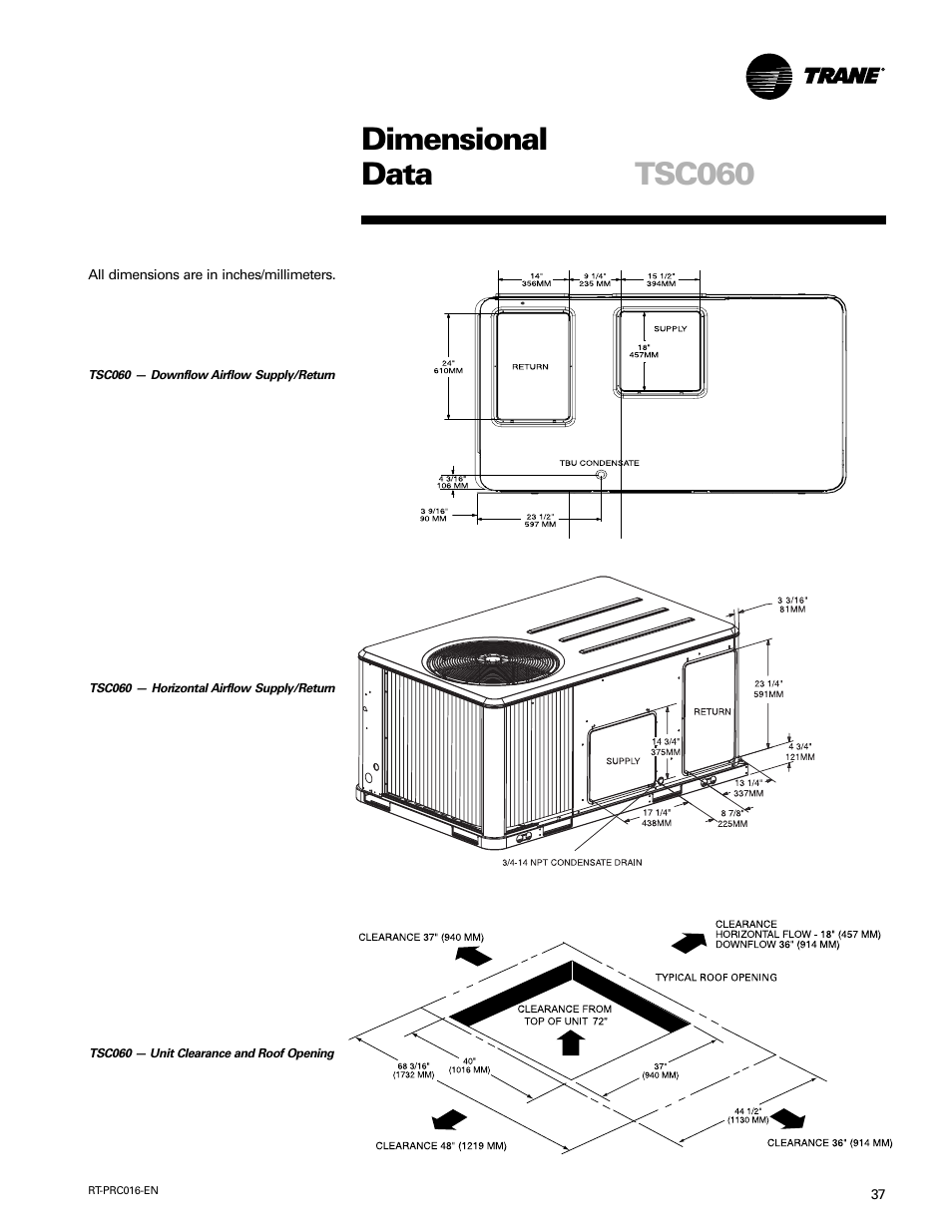 Dimensional data tsc060 | Trane TSC060-120 User Manual | Page 37 / 48