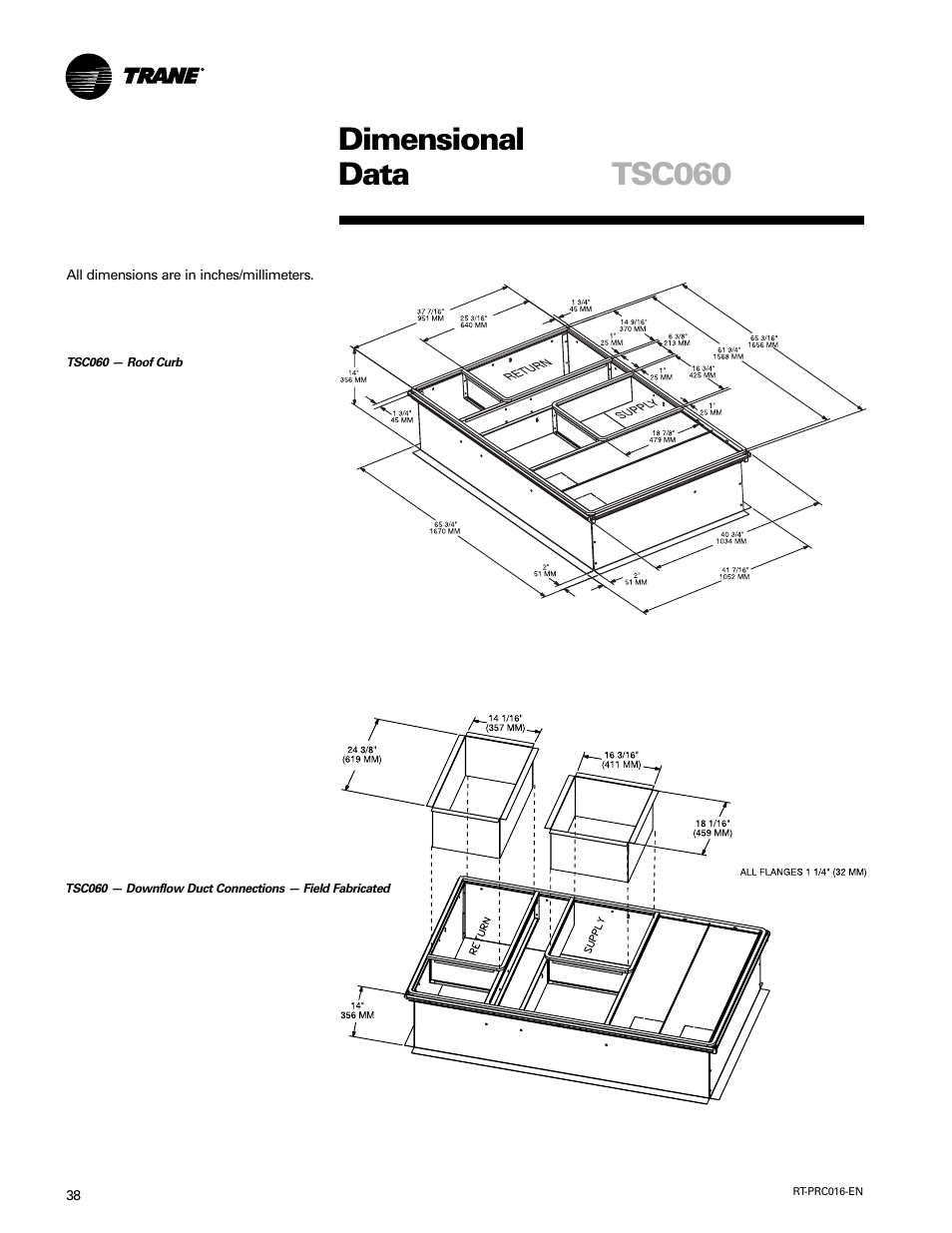 Dimensional data tsc060 | Trane TSC060-120 User Manual | Page 38 / 48