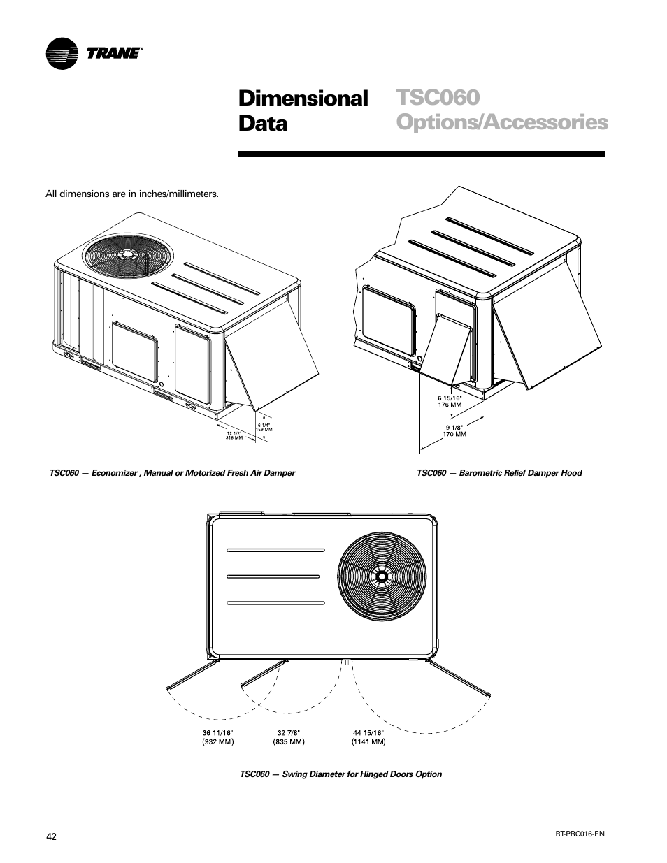 Dimensional data tsc060 options/accessories | Trane TSC060-120 User Manual | Page 42 / 48