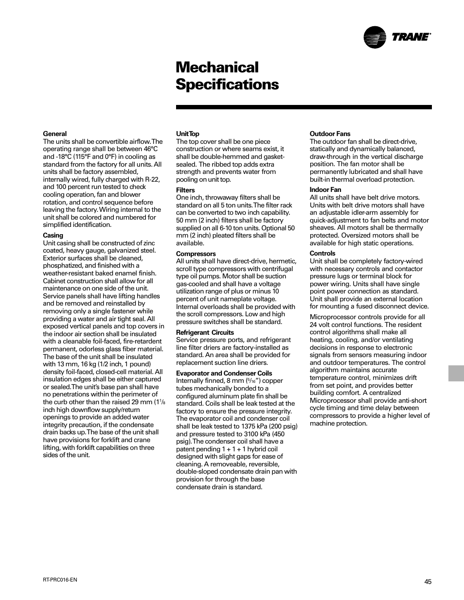 Mechanical specifications | Trane TSC060-120 User Manual | Page 45 / 48