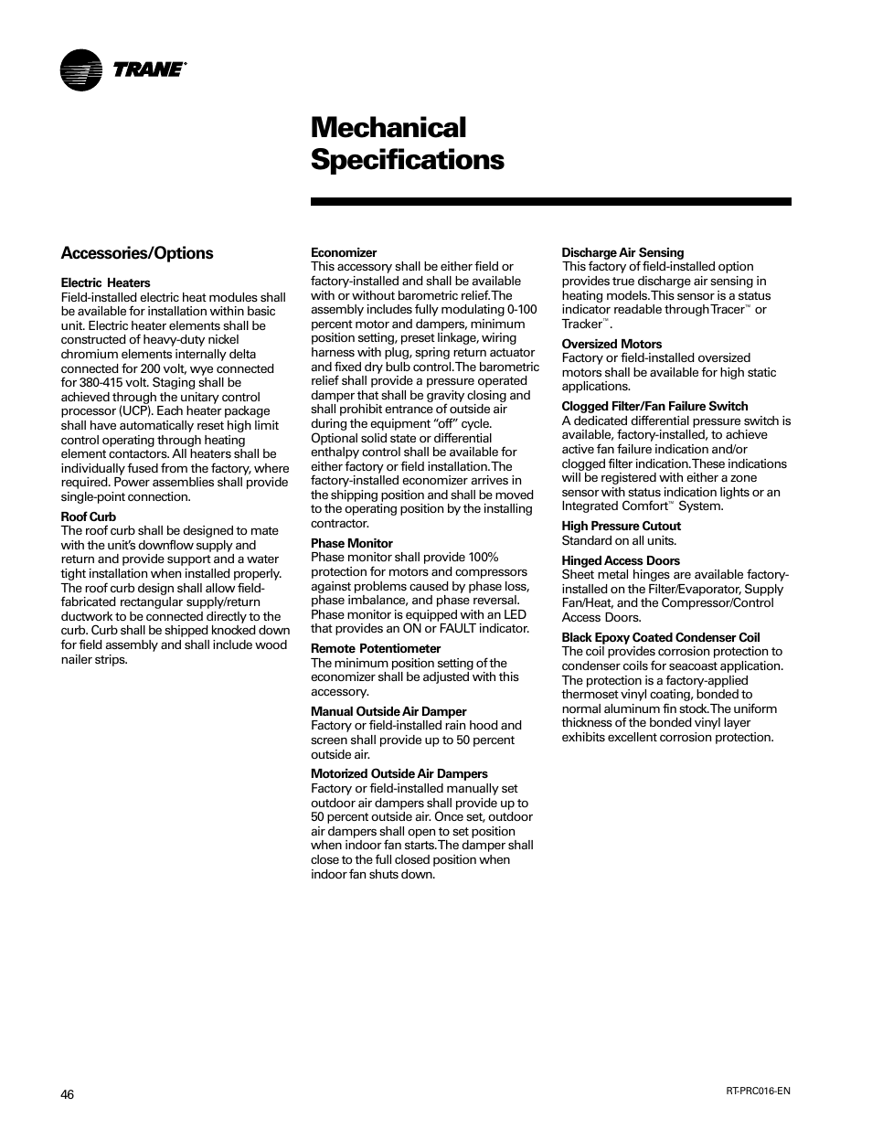 Mechanical specifications, Accessories/options | Trane TSC060-120 User Manual | Page 46 / 48