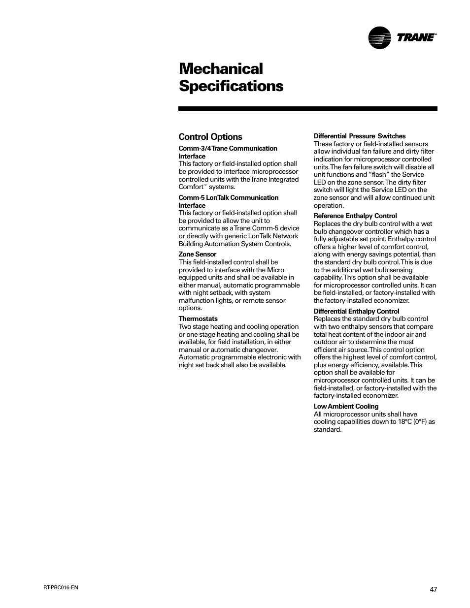 Mechanical specifications | Trane TSC060-120 User Manual | Page 47 / 48