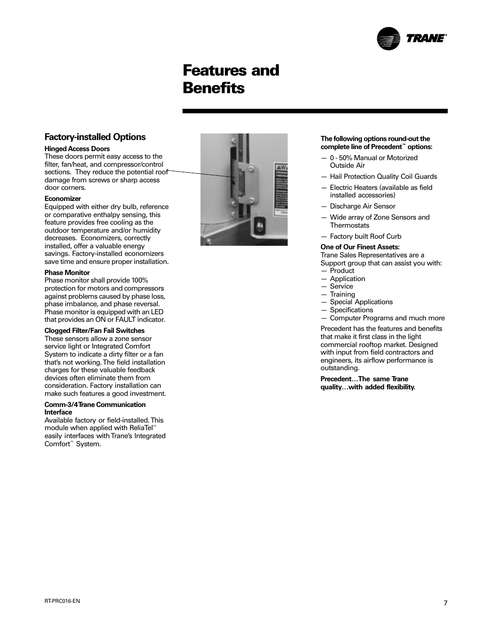 Features and benefits, Factory-installed options | Trane TSC060-120 User Manual | Page 7 / 48