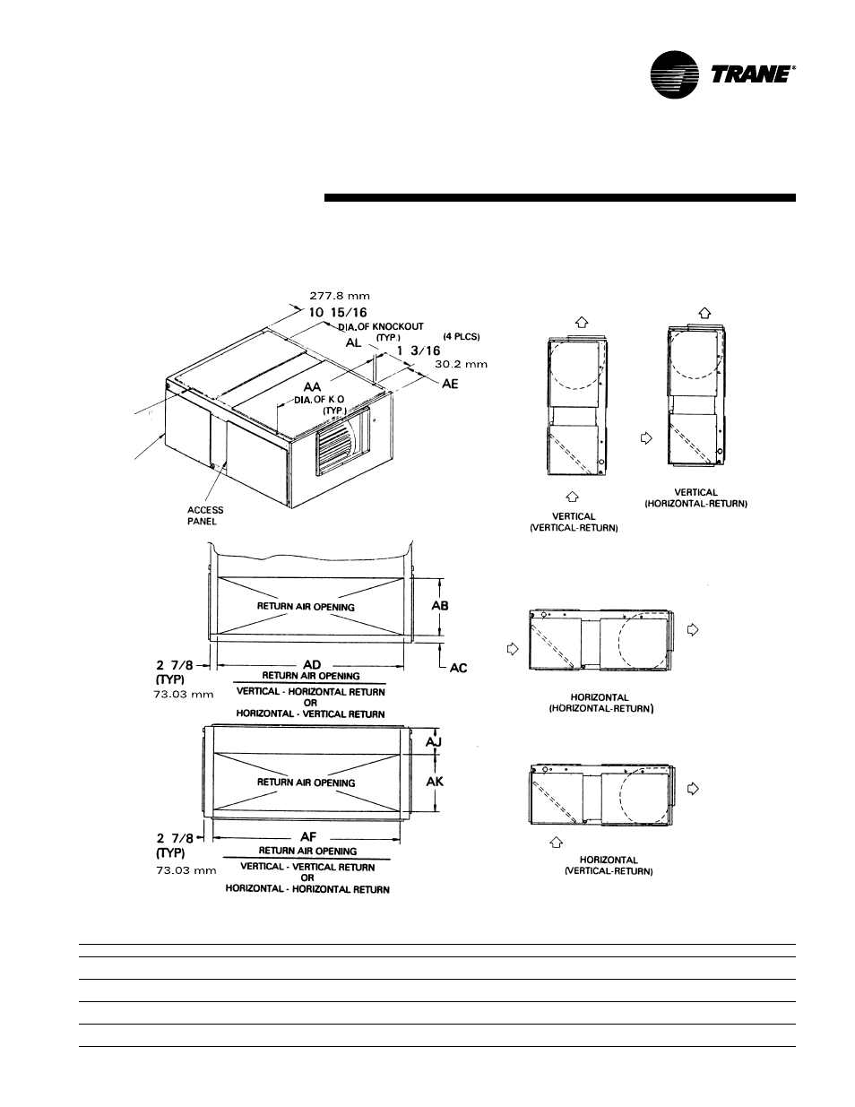 Dimensional data (air handlers), All dimensions are in inches and millimeters | Trane TWE200B User Manual | Page 47 / 56