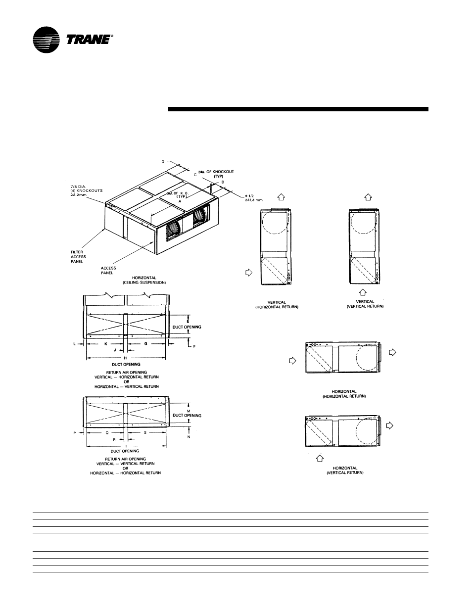 Air handlers) dimensional data, All dimensions are in inches and millimeters | Trane TWE200B User Manual | Page 50 / 56