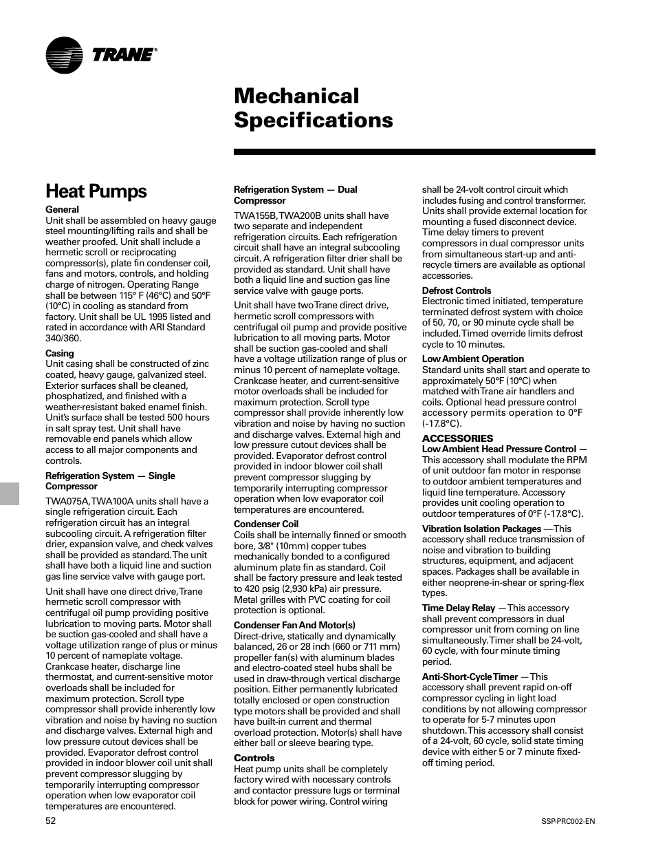Mechanical specifications, Heat pumps | Trane TWE200B User Manual | Page 52 / 56