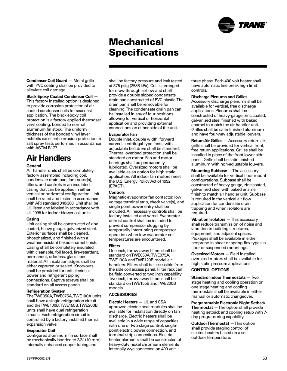 Mechanical specifications, Air handlers | Trane TWE200B User Manual | Page 53 / 56