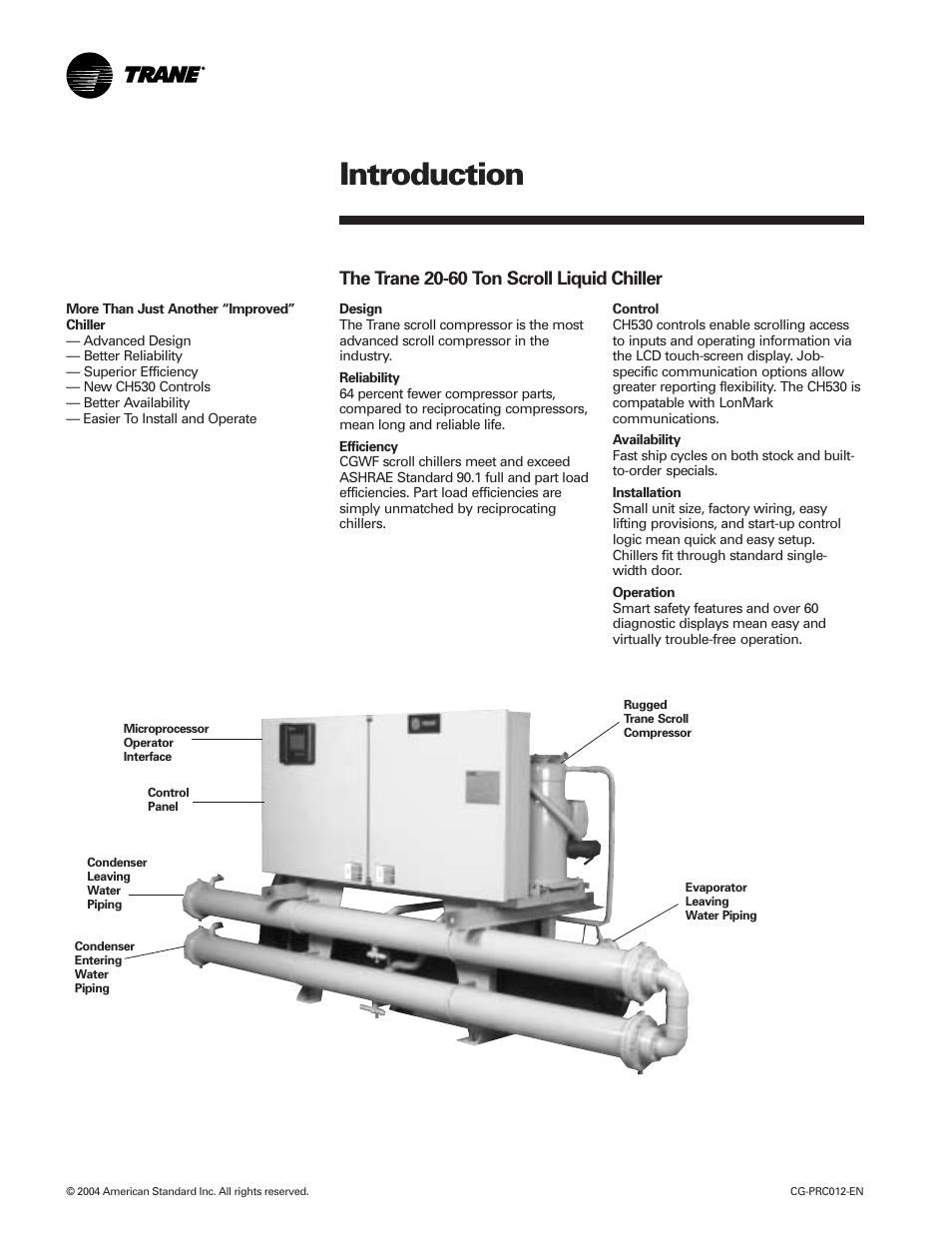 Introduction, The trane 20-60 ton scroll liquid chiller | Trane CGWF User Manual | Page 2 / 40