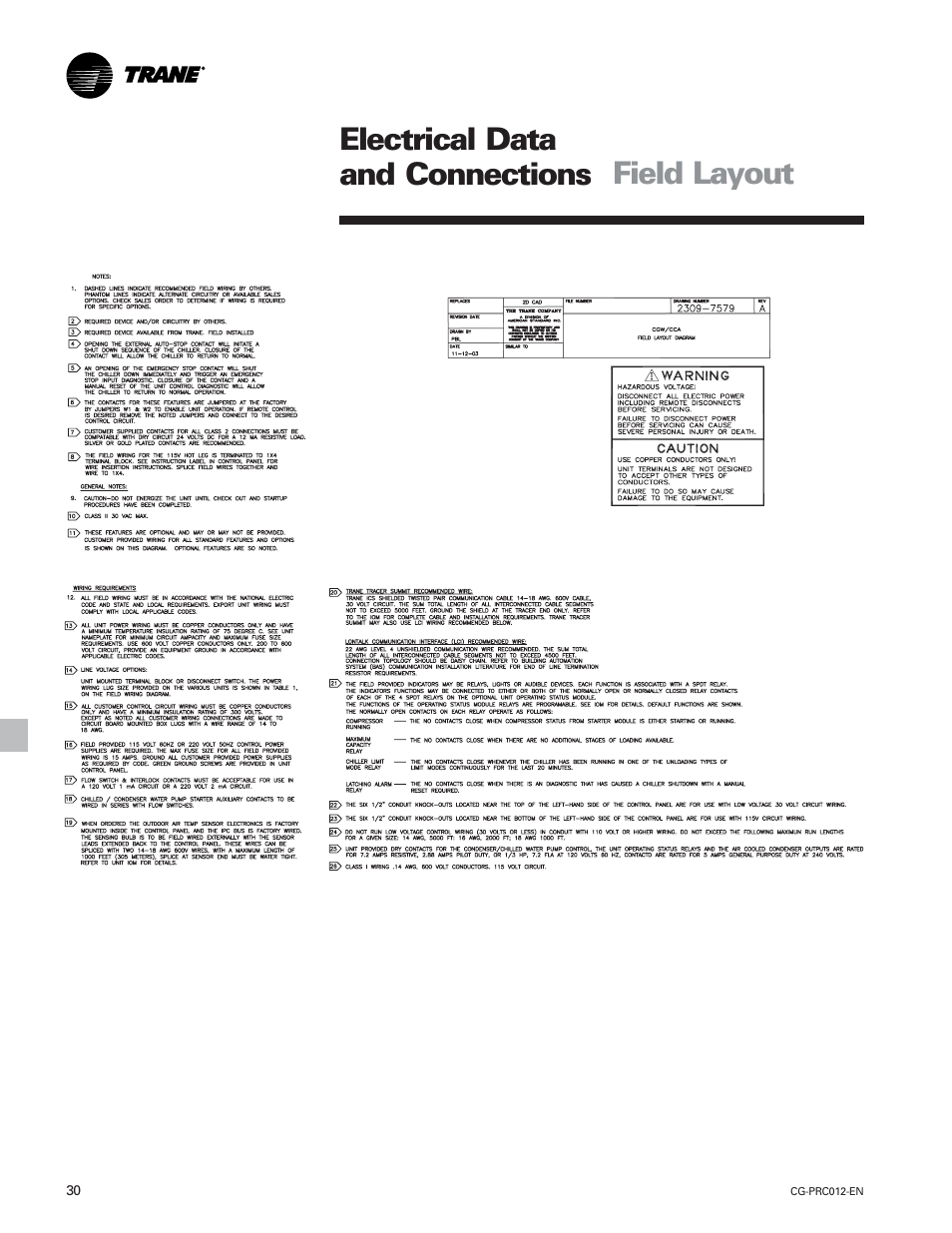 Electrical data and connections field layout | Trane CGWF User Manual | Page 30 / 40