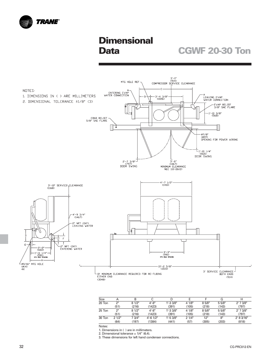 Dimensional data, Cgwf 20-30 ton | Trane CGWF User Manual | Page 32 / 40