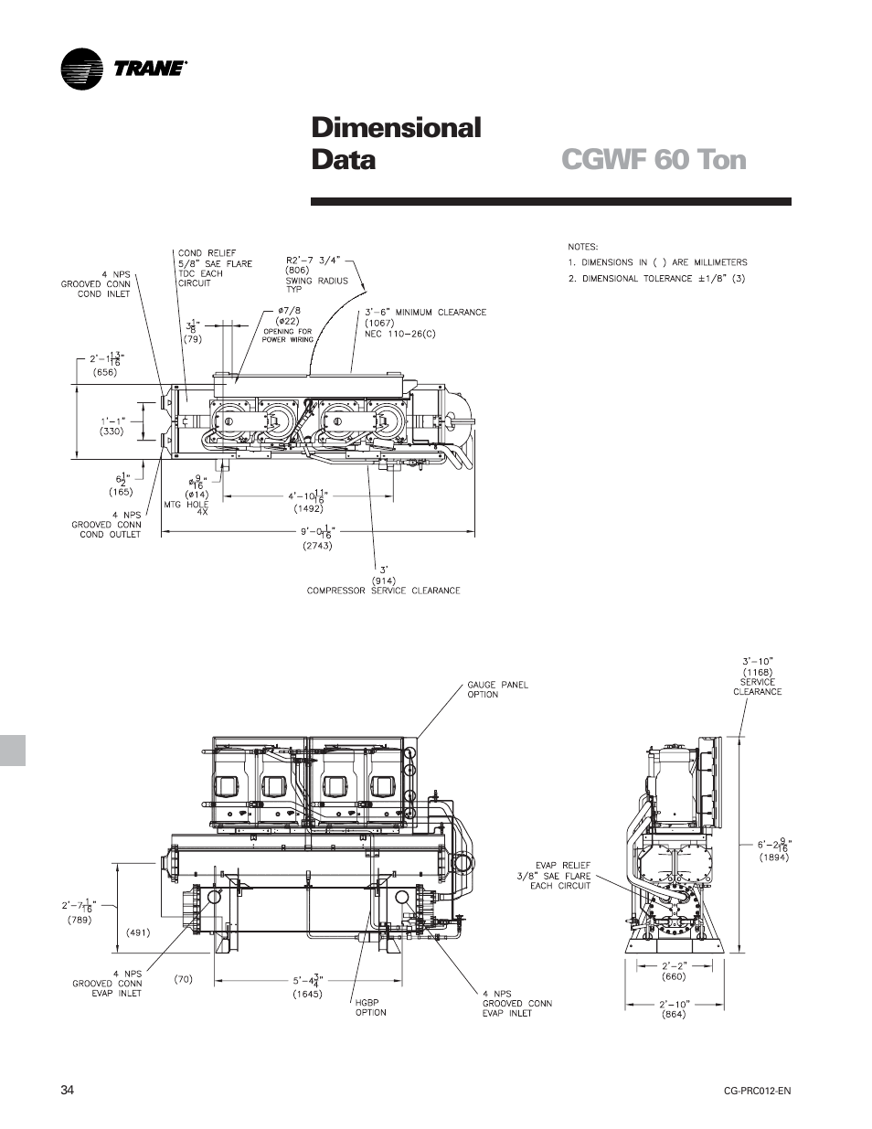 Cgwf 60 ton dimensional data | Trane CGWF User Manual | Page 34 / 40