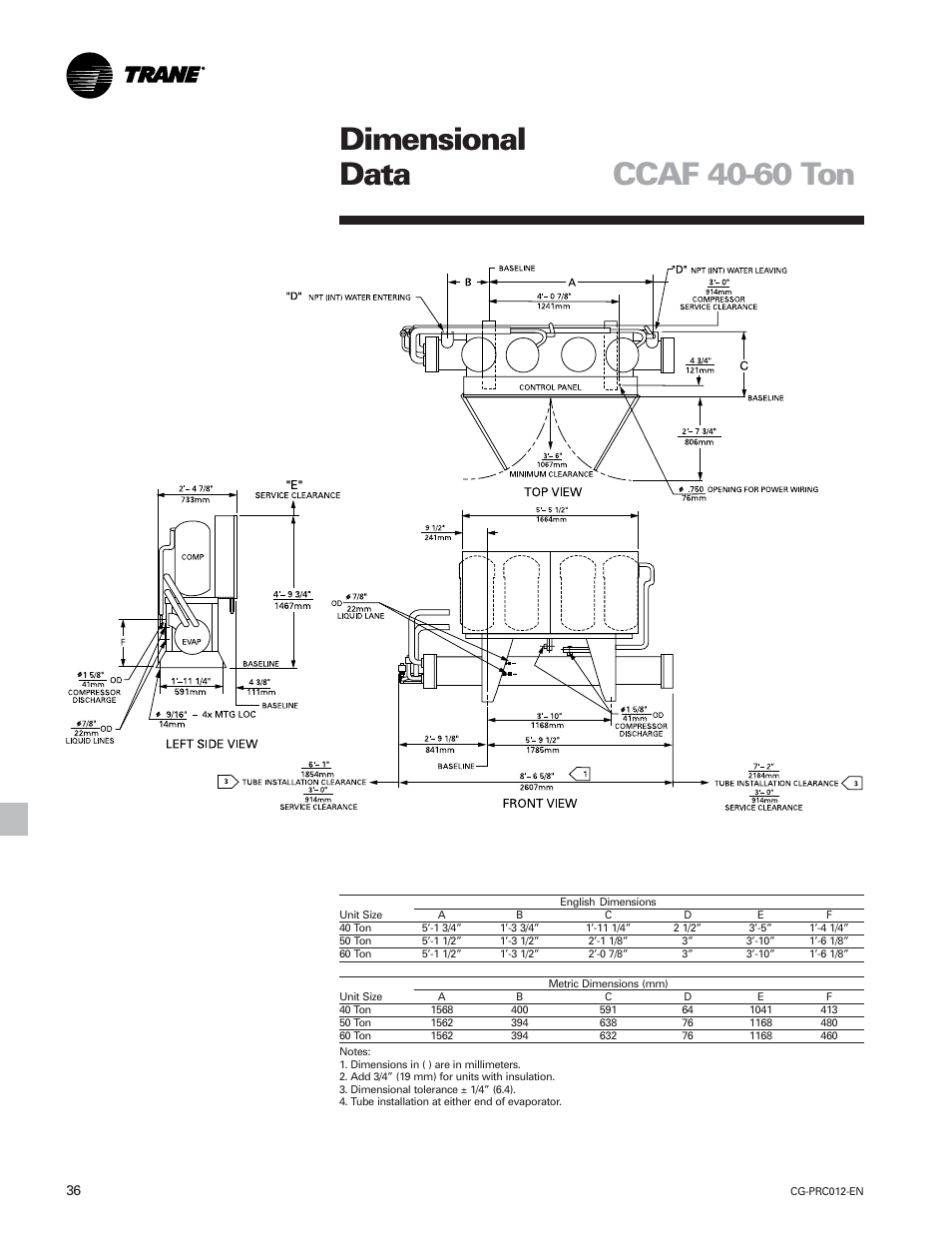 Ccaf 40-60 ton dimensional data | Trane CGWF User Manual | Page 36 / 40