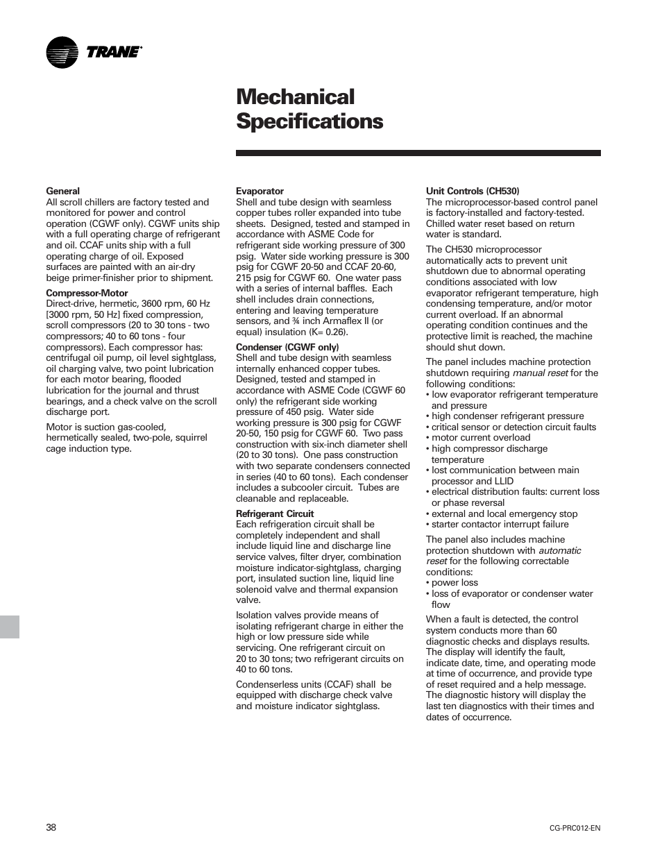 Mechanical specifications | Trane CGWF User Manual | Page 38 / 40