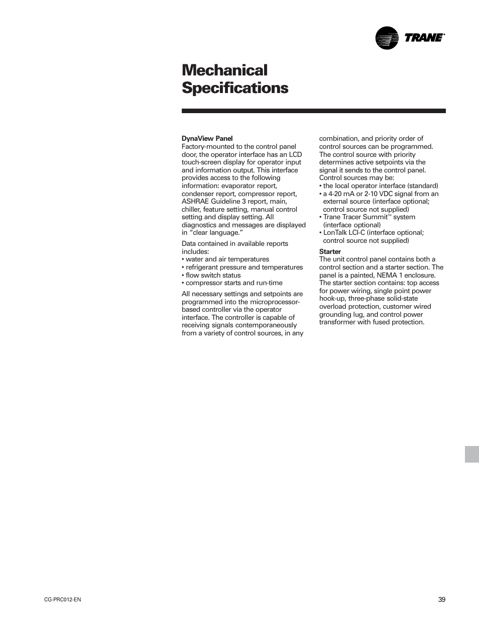 Mechanical specifications | Trane CGWF User Manual | Page 39 / 40