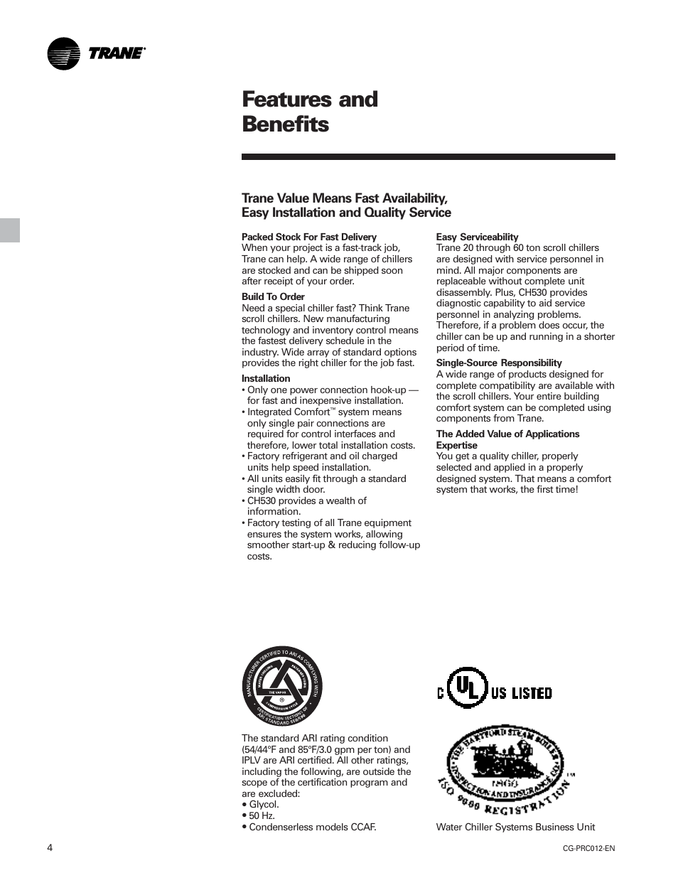 Features and benefits | Trane CGWF User Manual | Page 4 / 40