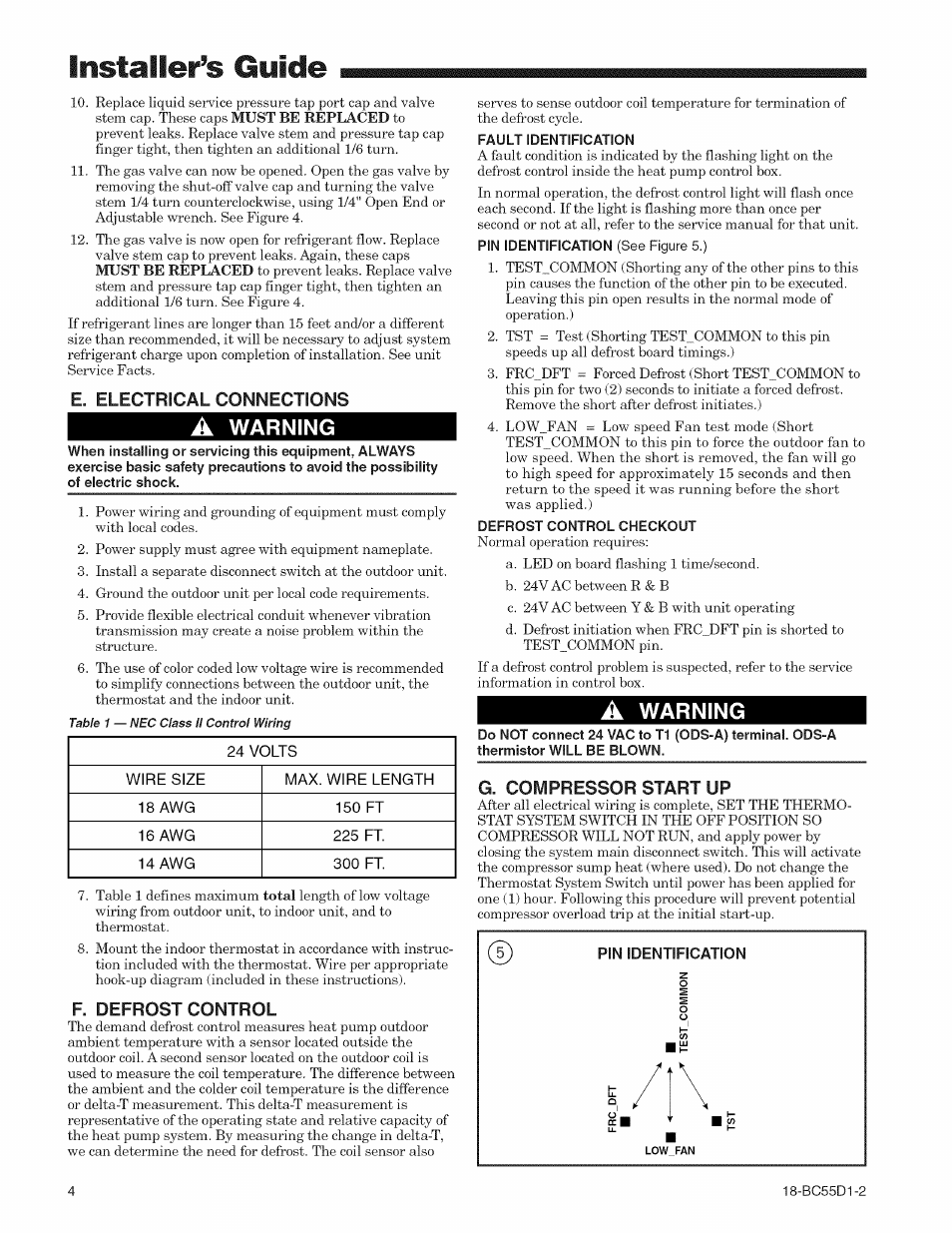 E. electrical connections, A warning, F. defrost control | G. compressor start up, Installer’s guide, Warning | Trane 18-BC55D1-2 User Manual | Page 4 / 8