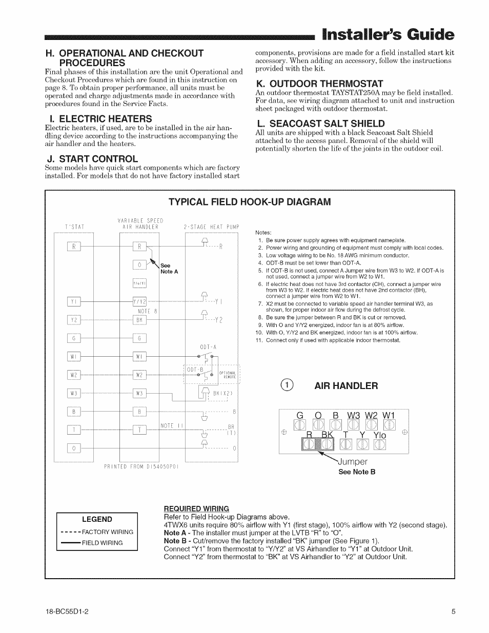 I. electric heaters, J. start control, K. outdoor thermostat | L. seacoast salt shield, Typical field hook-up diagram, Air handler, Installerà guide, H. operational and checkout procedures | Trane 18-BC55D1-2 User Manual | Page 5 / 8