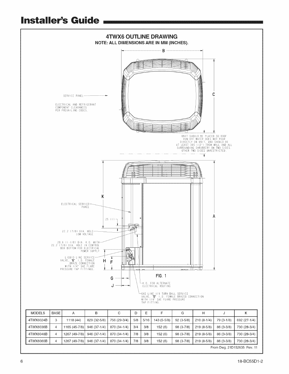 4twx6 outline drawing, Installer’s guide, Fig. 1 | Trane 18-BC55D1-2 User Manual | Page 6 / 8