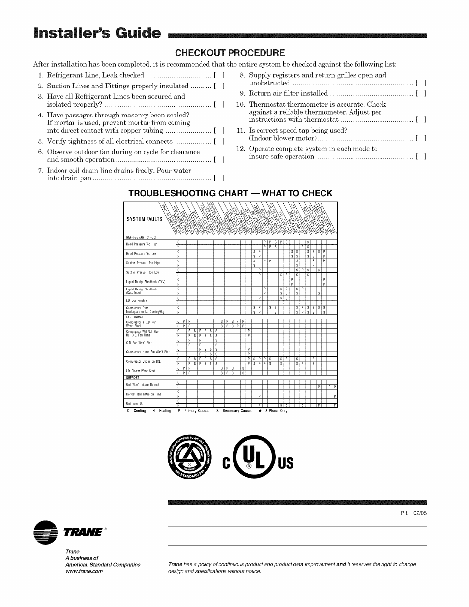 Troubleshooting chart — whatto check, Installer’s guide | Trane 18-BC55D1-2 User Manual | Page 8 / 8
