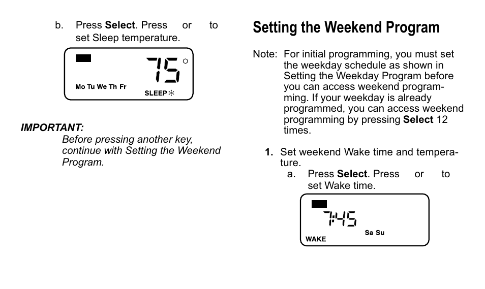 Setting the weekend program | Trane TAYSTAT 540 User Manual | Page 13 / 28