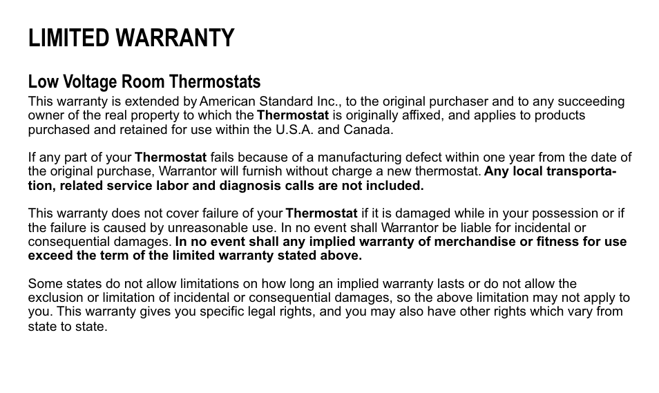 Limited warranty, Low voltage room thermostats | Trane TAYSTAT 540 User Manual | Page 24 / 28