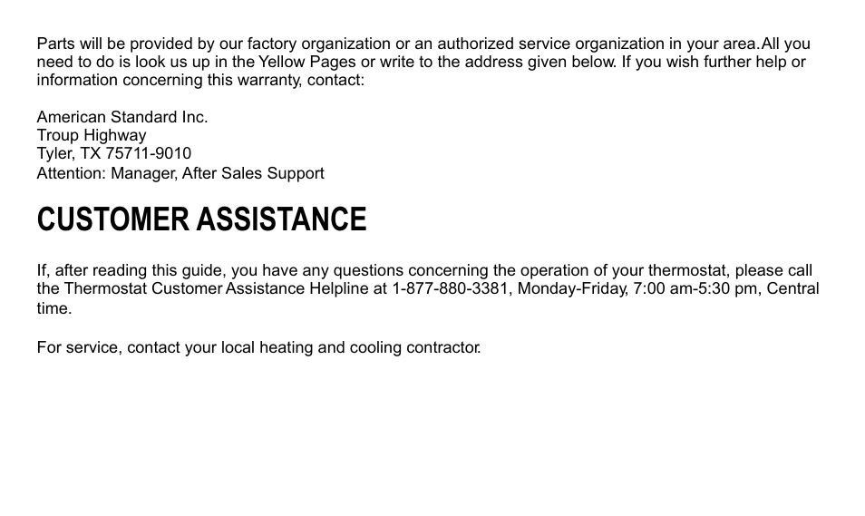 Customer assistance | Trane TAYSTAT 540 User Manual | Page 25 / 28