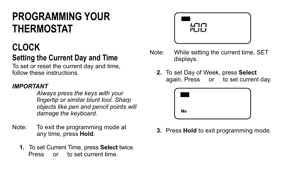 Programming your thermostat, Clock, Setting the current day and time | Trane TAYSTAT 540 User Manual | Page 4 / 28