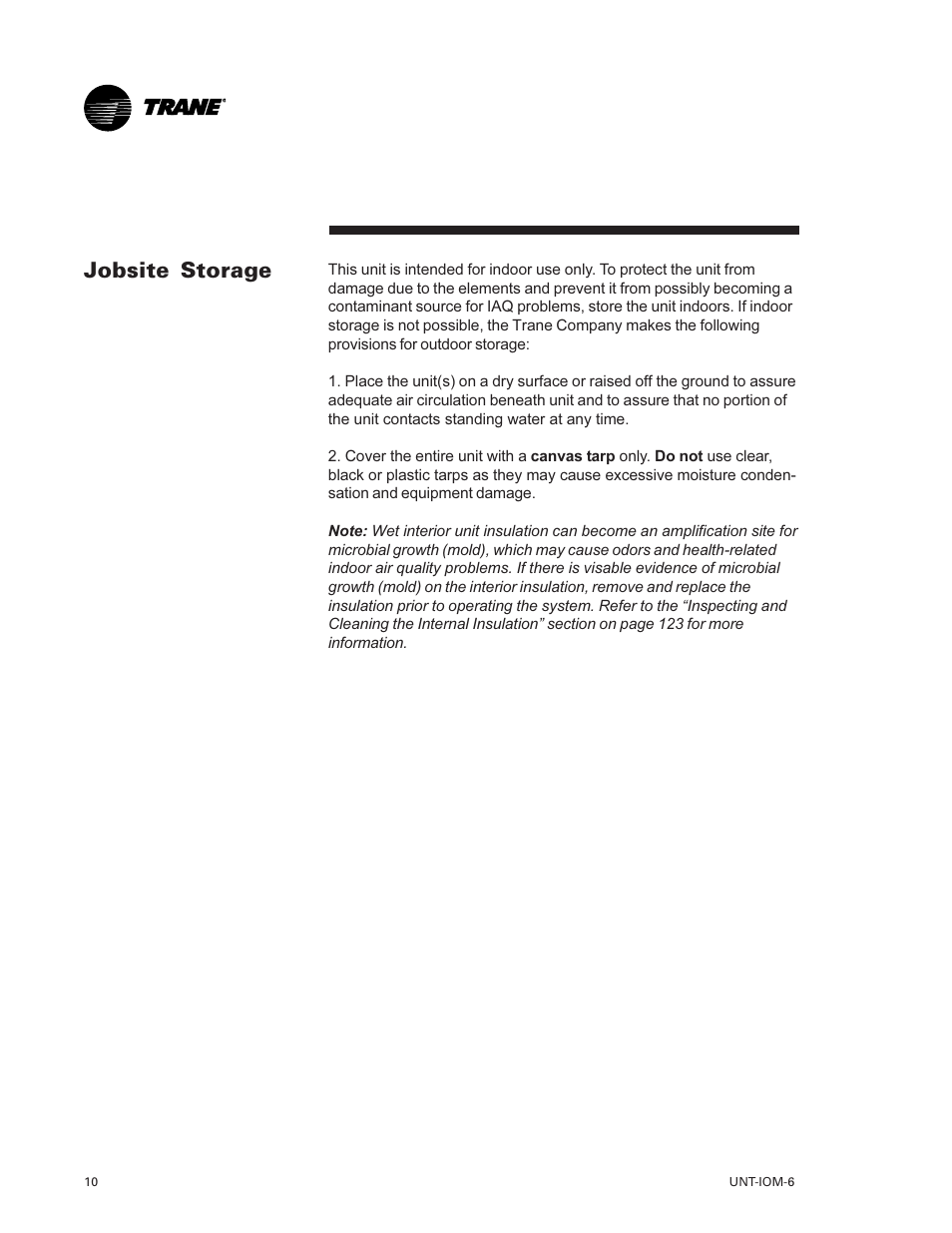 Jobsite storage 10, Jobsite storage | Trane LO User Manual | Page 10 / 136
