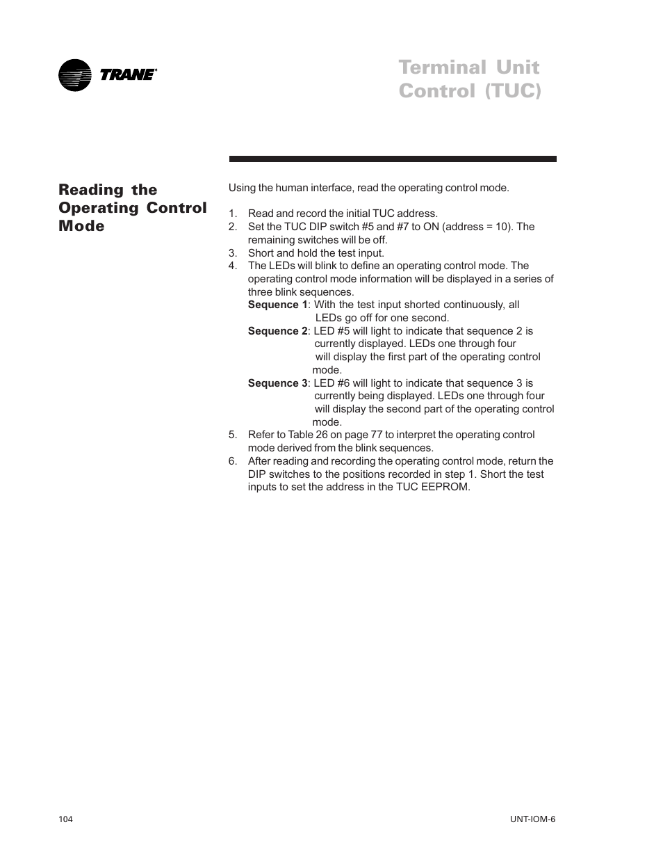 Reading the operating control, Mode 104, Terminal unit control (tuc) | Reading the operating control mode | Trane LO User Manual | Page 104 / 136