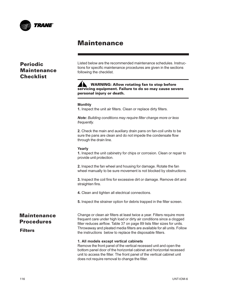 Maintenance procedures 116, Periodic maintenance check, List 116 | Maintenance 116, Maintenance, Periodic maintenance checklist, Maintenance procedures | Trane LO User Manual | Page 116 / 136