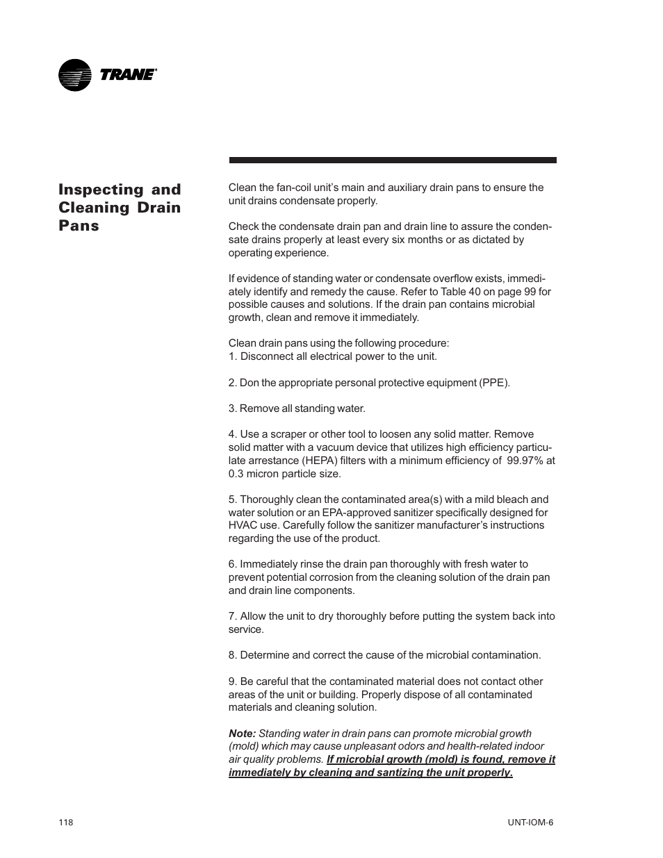 Inspecting and cleaning drain, Pans 118, Inspecting and cleaning drain pans | Trane LO User Manual | Page 118 / 136
