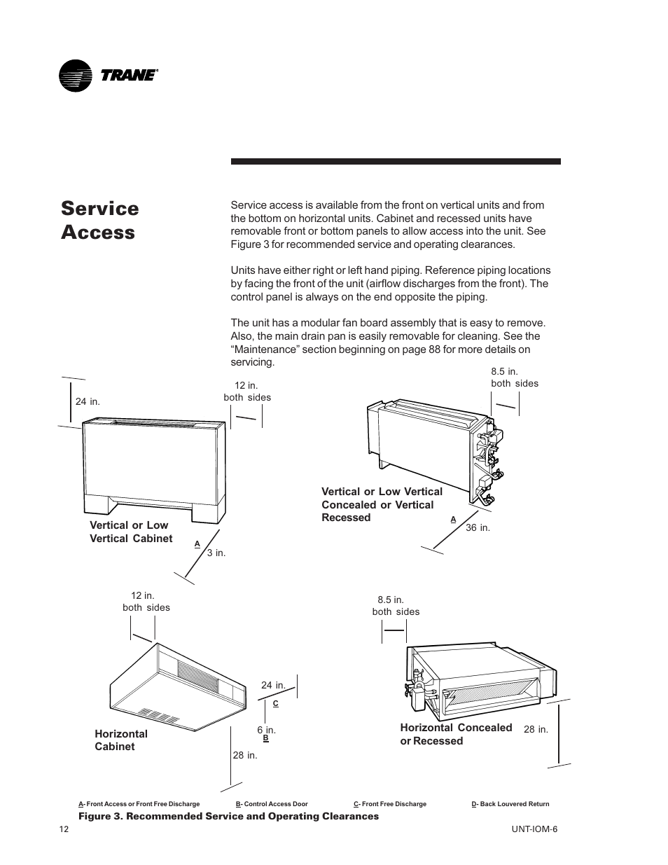 Service access 12, Service access | Trane LO User Manual | Page 12 / 136