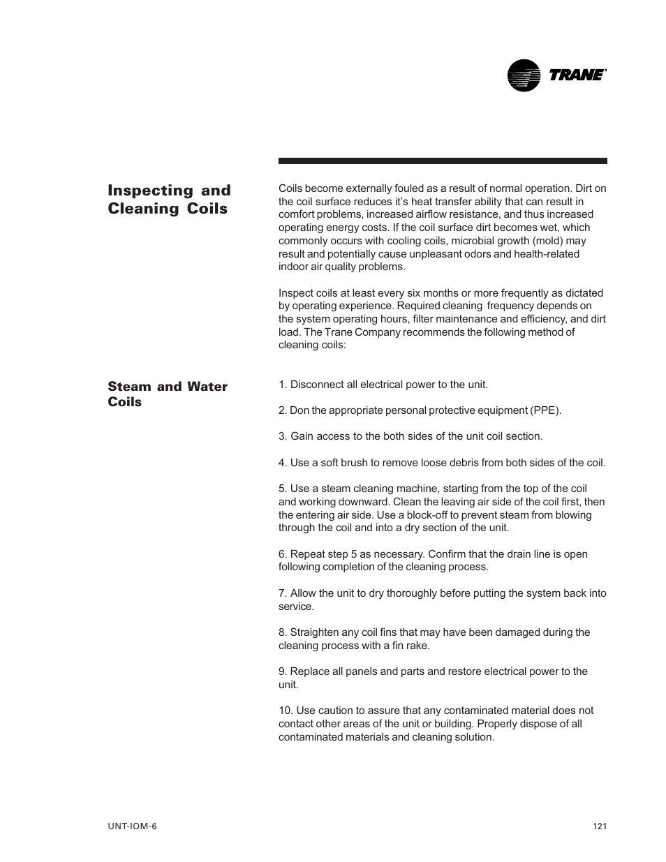Inspecting and cleaning coils 121, Inspecting and cleaning coils | Trane LO User Manual | Page 121 / 136