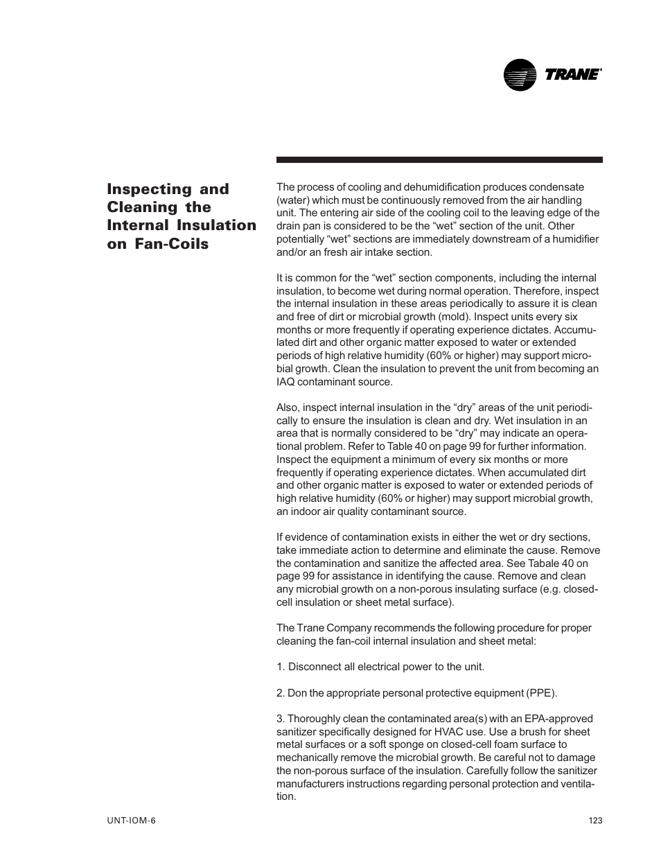 Inspecting and cleaning the, Internal insulation on fan, Coils 123 | Trane LO User Manual | Page 123 / 136