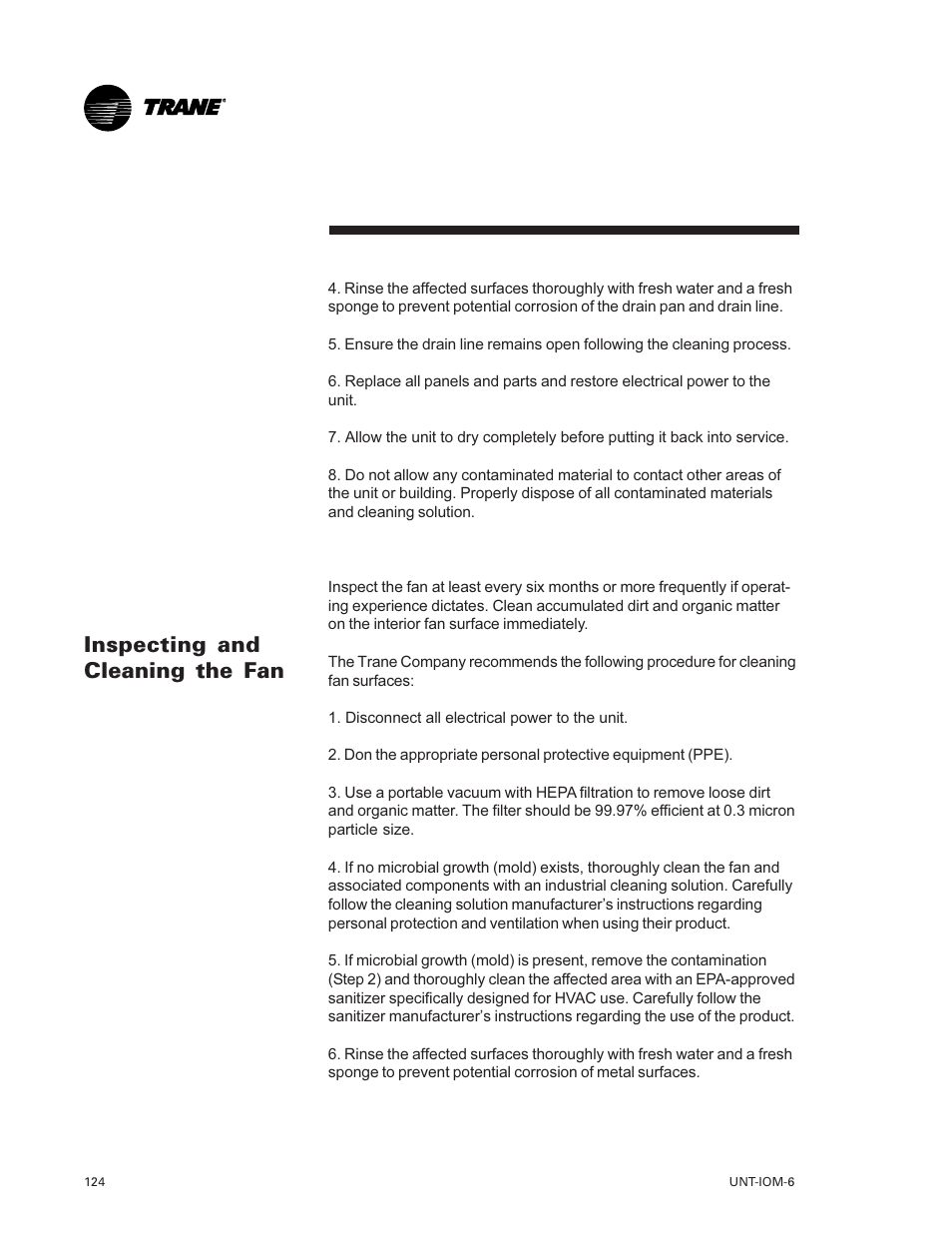 Inspecting and cleaning the, Fan 124, Inspecting and cleaning the fan | Trane LO User Manual | Page 124 / 136